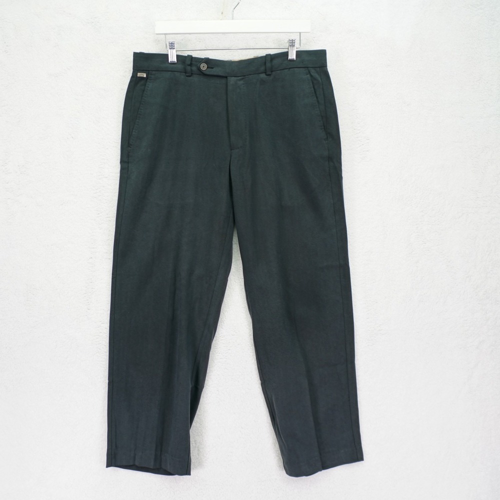 Tommy Bahama Silk Cotton Black Flat Front Herringbone Dress Pants 34/28.5 Mid Ri